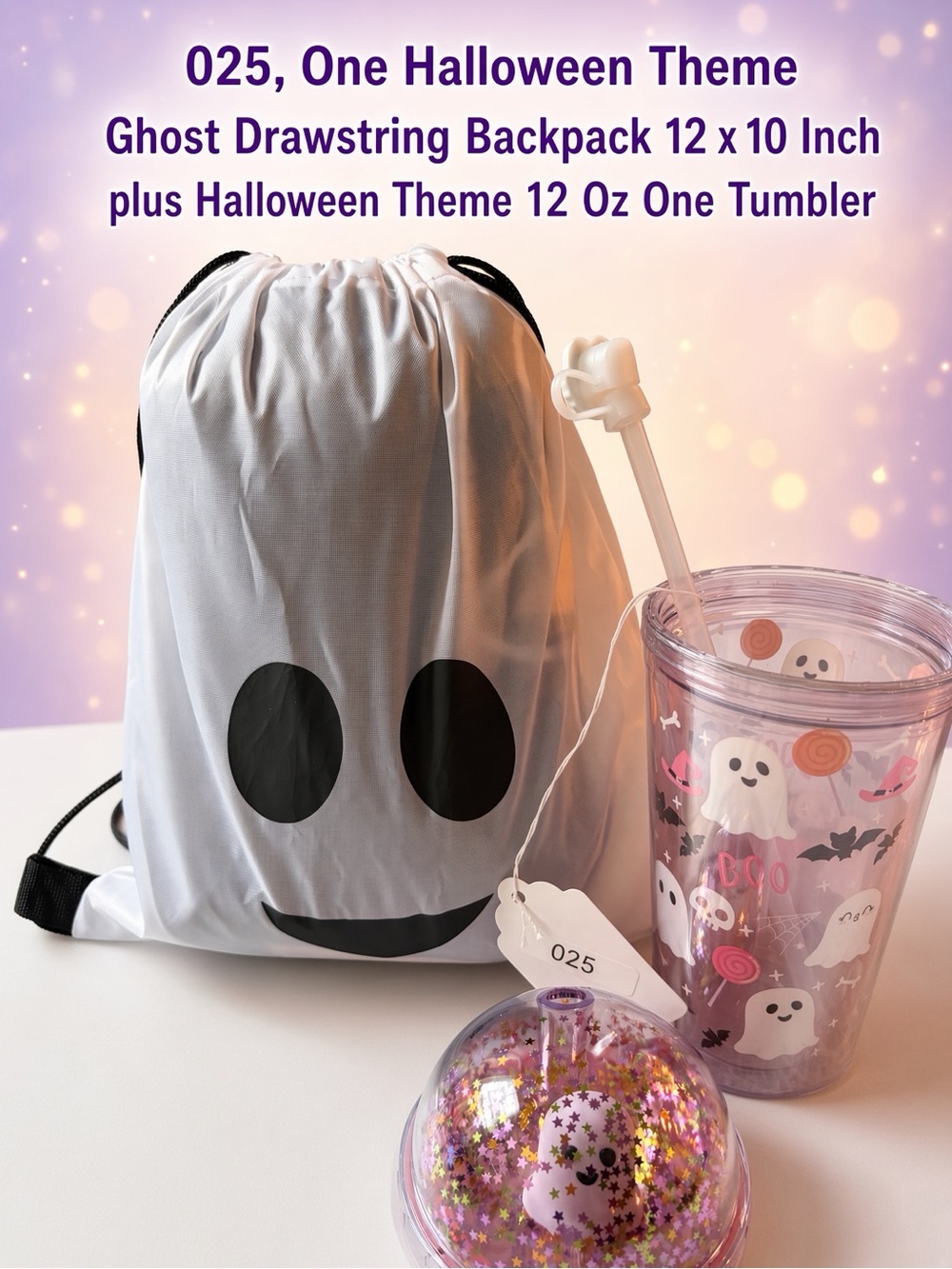 025, Halloween Ghost Drawstring Backpack and Ghost Tumbler - White